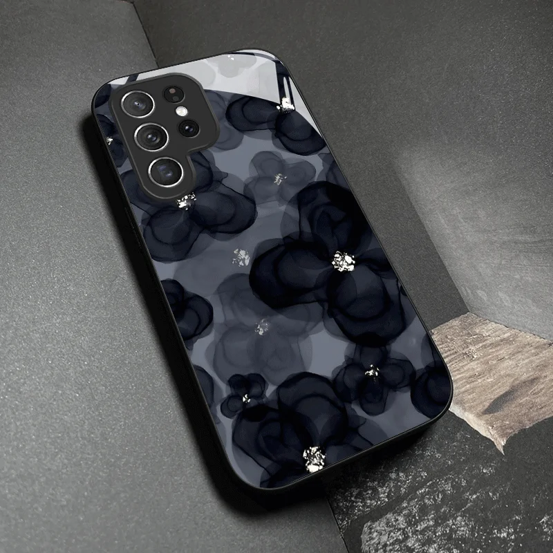 Premium Black Ink Petal New Tempered Glass Phone Case, Suitable for Samsung Galaxy S26/S25/S24/S23/S22/S21 and other models
