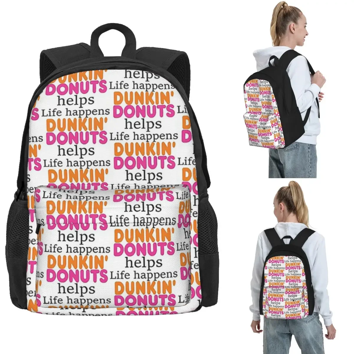 Life Happens... Dunkin Donuts Helps Backpack Hot Sale Daypack Large Capacity Boys Girls BookBag School Bag  for Men Women view 2