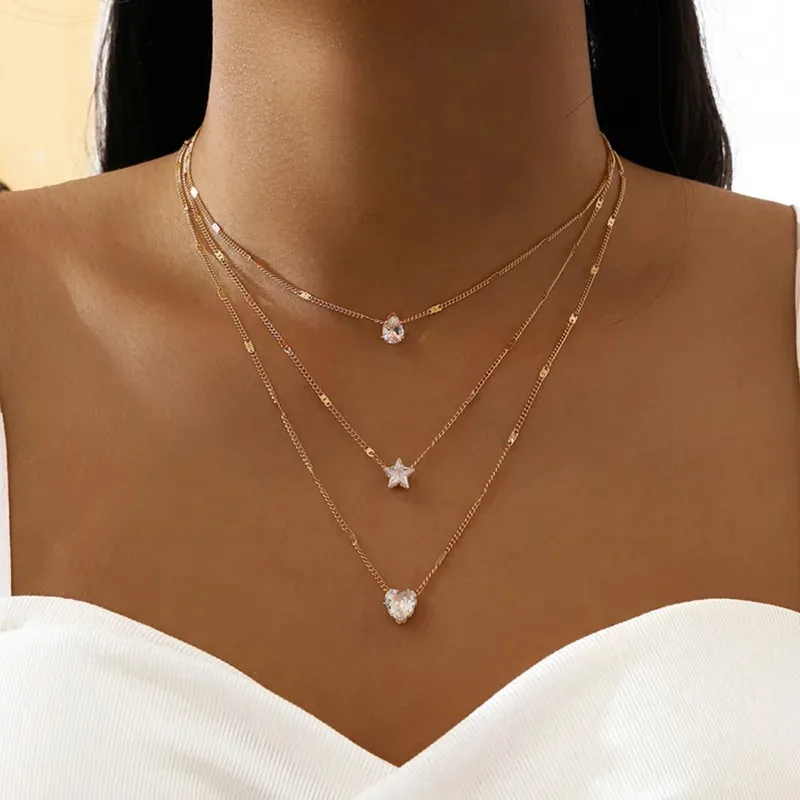Multi-layer Five-pointed Star Heart Shape Water Drop Pendant Chain Necklace Alloy Material Glass Collarbone Chain Sexy Women's