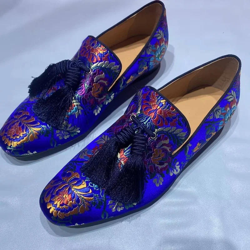 Luxury Fashion Mens Tassel Loafer Satin Embroidery Men Casual Shoes Handmade Slip On Man Dress Shoes Flats Party And Prom Shoes