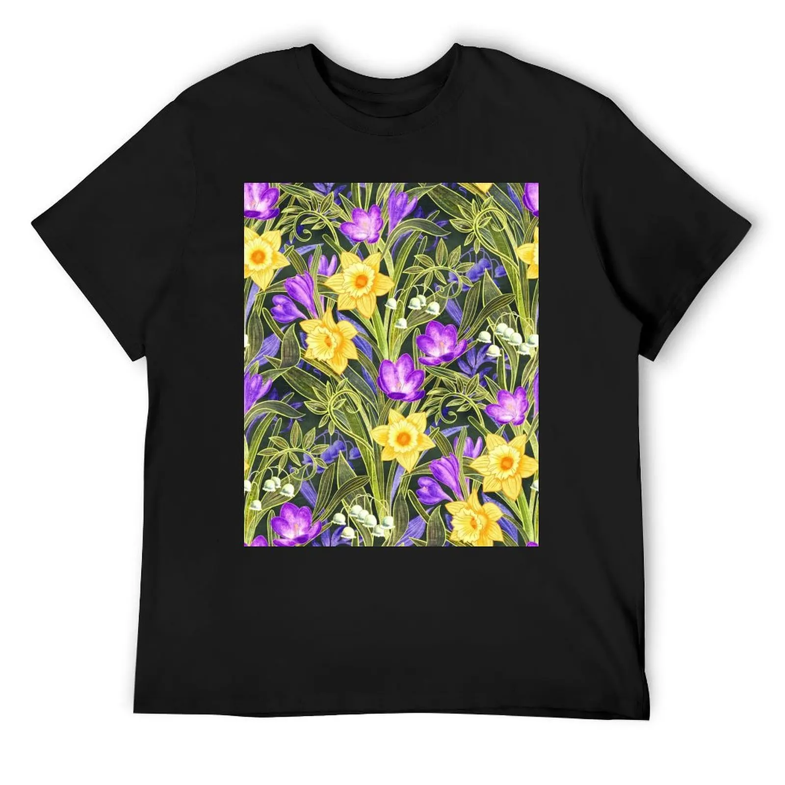 Spring Floral with Daffodils, Crocuses and Lily of the Valley on Dark T-Shirt korean fashion mens designer t shirt