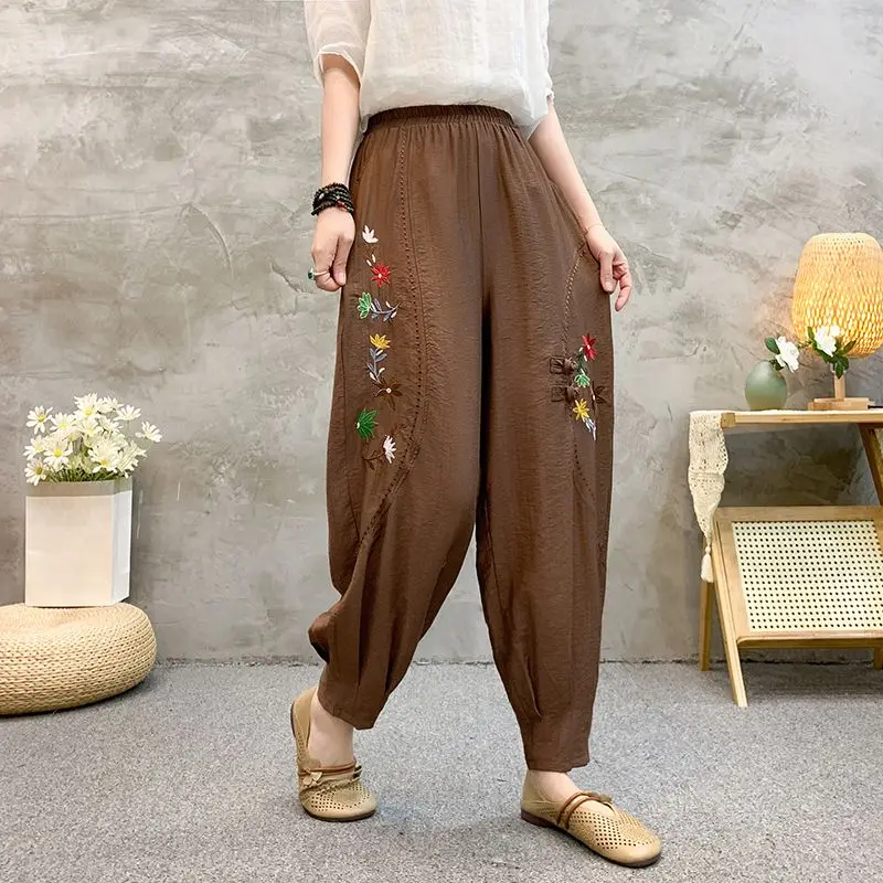 Sommer Ethnischen Stil Bestickt Frauen Baumwolle Leinen Laterne Hosen Lose Abnehmen Harem