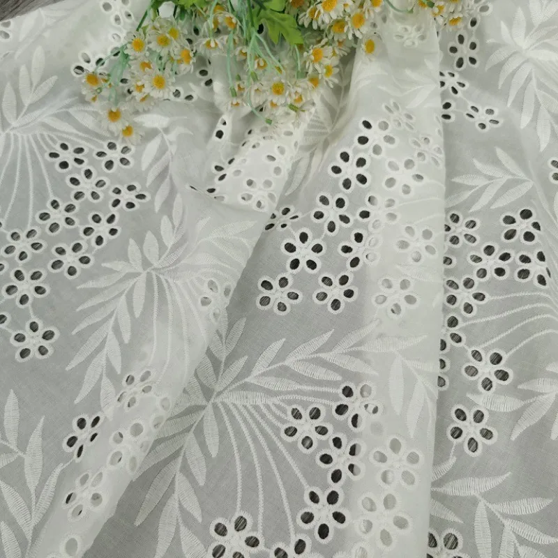 

Off White Pure Cotton Hole Embroidery Lace Fabric for Woman Dress Apparel By The Meter