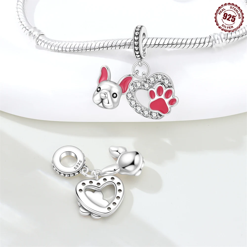 2026 New 925 Sterling Silver French Bulldog Pet Paw Prints Bead Original Pendants Bracelet Necklace Charm Jewelry Party DIY Gift