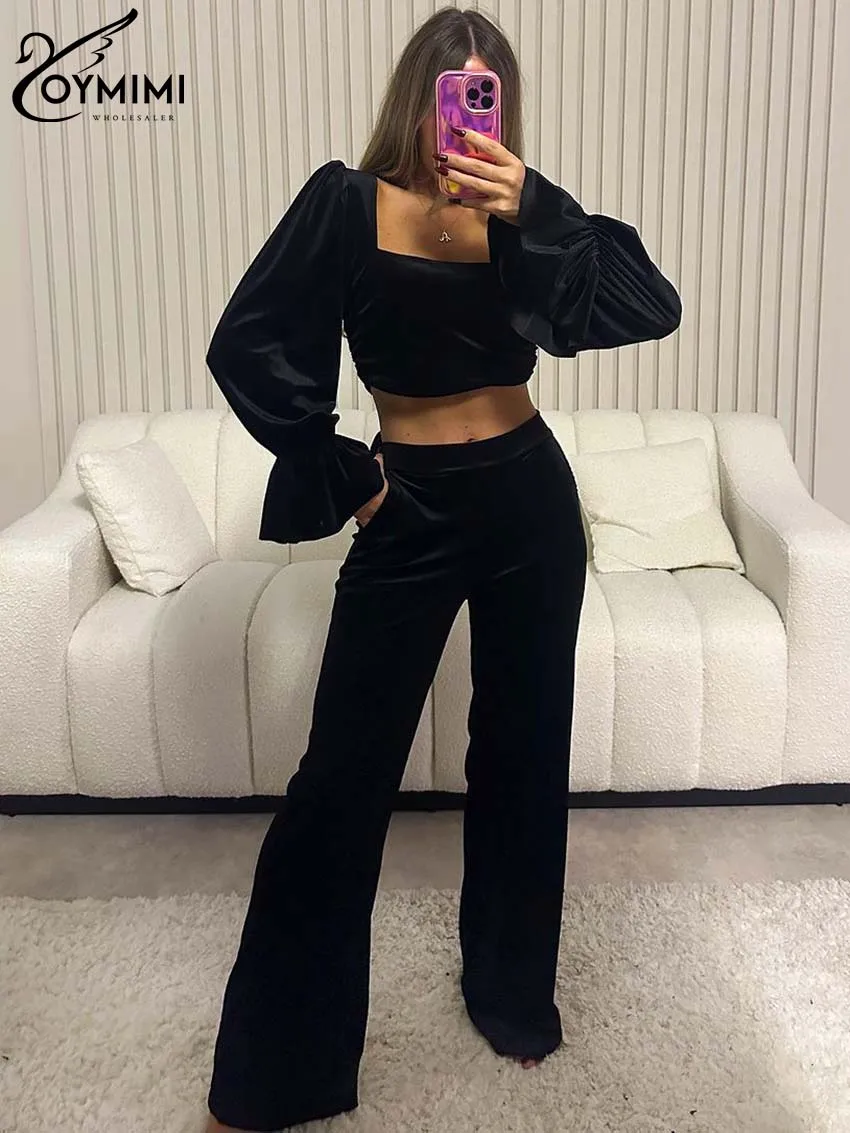 

Oymimi Casual Black Knitting Two Piece Set For Women Elegant Square Neck Long Sleeve Crop Tops And Mid Waist Straight Pants Sets