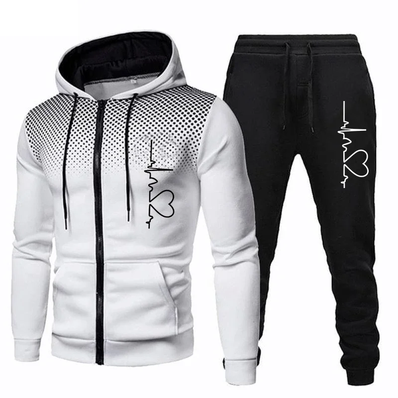 Autumn Winter Mens Tracksuits Casual Heart Print Zipper Hooded Sweatshirt+Sweatpants 2 Piece Set Round Dot Coat Jogging Clothing
