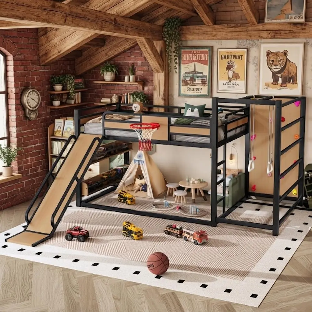 Full Size Floor Bunk Bed and Basketball Hoop,Pull-up Rings and Climbing Wall, Heavy Duty Bunk Beds with Slide and Bookshelves, Y