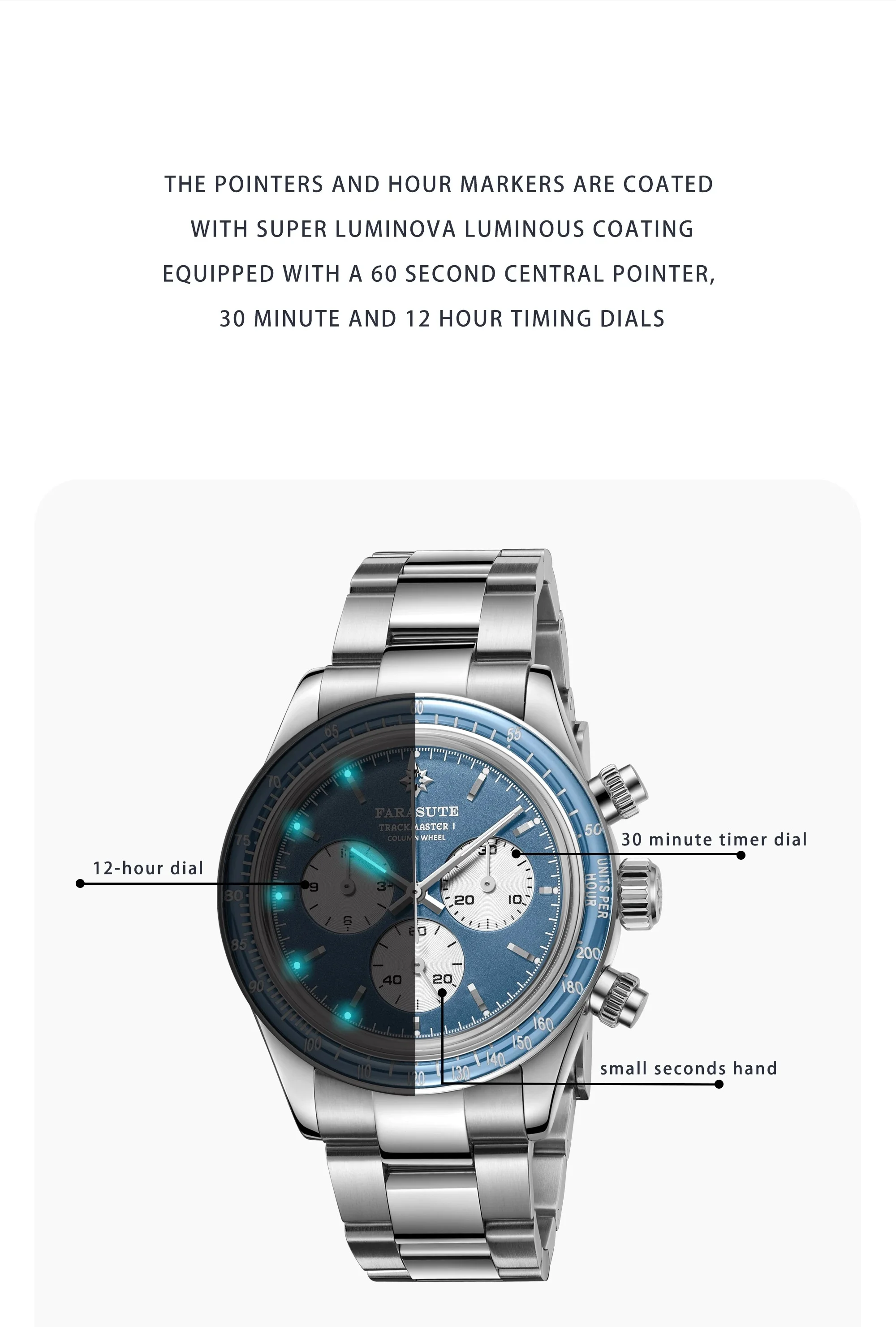 FARASUTE Men Automatic Watch 39mm Luxury Chronograph Mechanical Wristwatch Sapphire Bezel 5ATM  Dandong 4130 Triple Windows