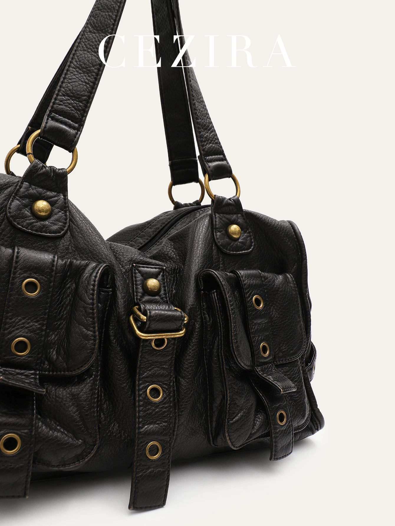 Women's Retro Soft Washed PU Vegan Leather Handbag Brush Off Color Y2K Cool Style Rivets Tote Shoulder Bag Large Casual Daily