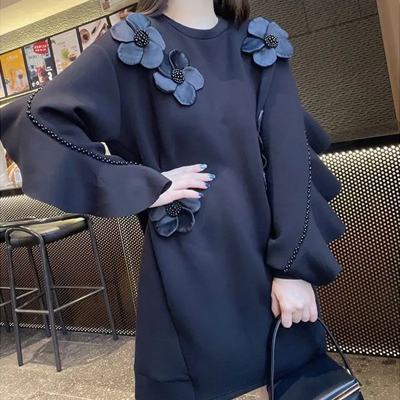 Spring Autumn Beading Ruffles Spliced Sweatshirts Female Clothing Chic Floral Three-dimensional Decoration O-Neck Midi Pullovers