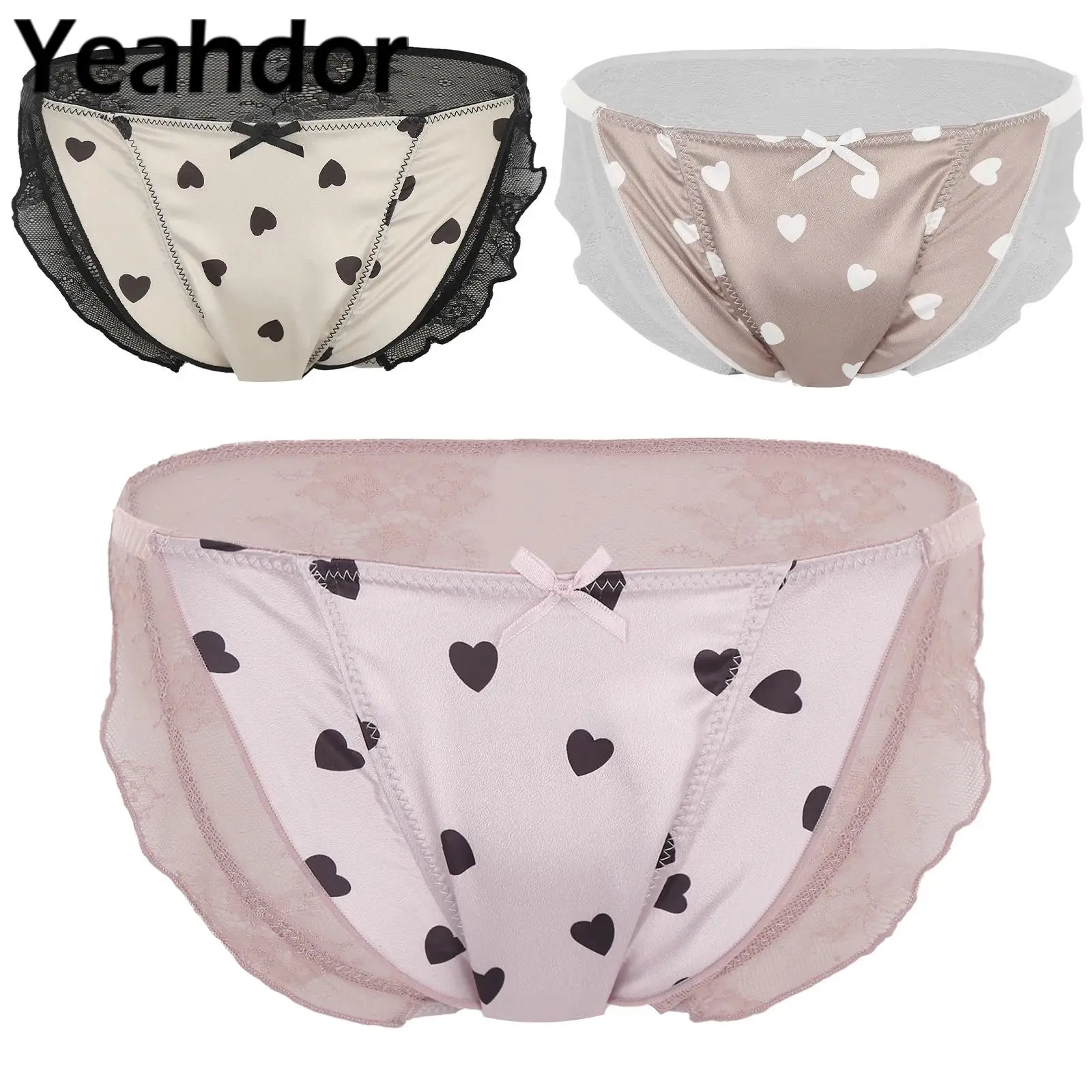 Womens Ruffles Lace Patchwork Briefs Mid Waist Sissy Underwear Underpants Heart Print Bow Knot Frilly Panties Kawaii Cute Briefs