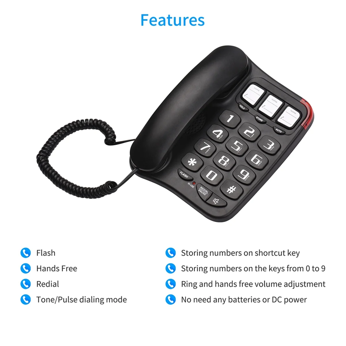 Large Button Wired Phone Desktop Fixed Phone Wall-Mounted Phone Supports Hands-Free/Redial/Flash Disconnect