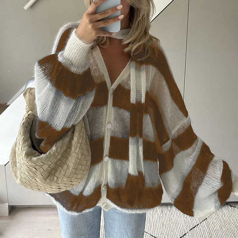 2024 Autumn Striped Printed Breathable Sweater Women Sexy V Neck Lace Up Long Sleeved Top Elegant Single Breasted Loose Sweater