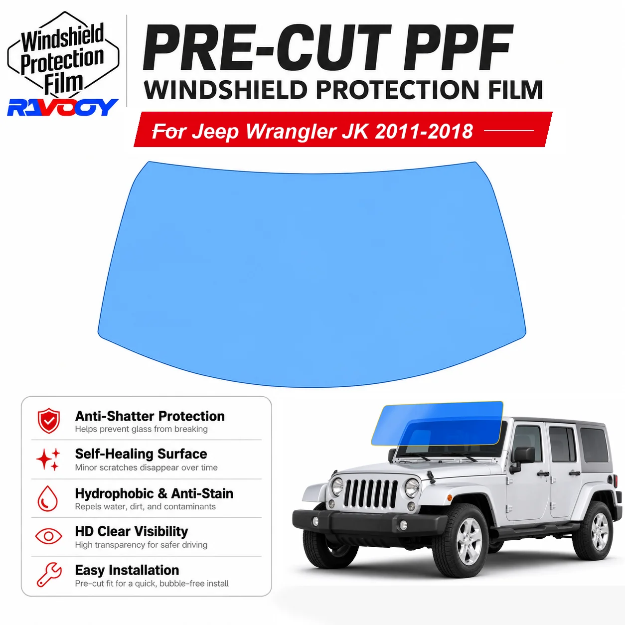 RAVOOY Pre-Cut Front Windshield Protection Film For Jeep Wrangler JK 4D SUV 2011-2018 6.5mil Clear TPU UV Blocking Hydrophobic