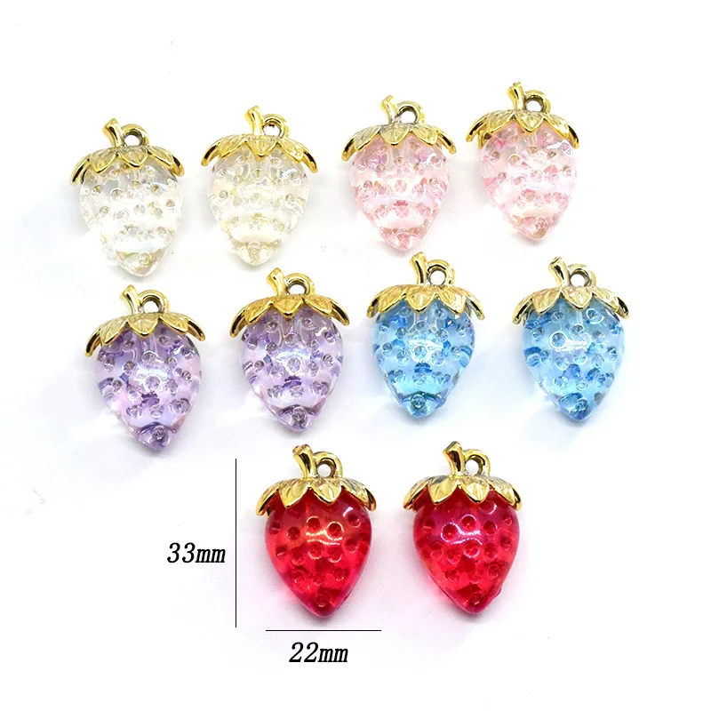 10 buah 3D Bling stroberi akrilik anting pesona campuran putih merah Fuit liontin DIY untuk gantungan kunci Eardrop perhiasan membuat