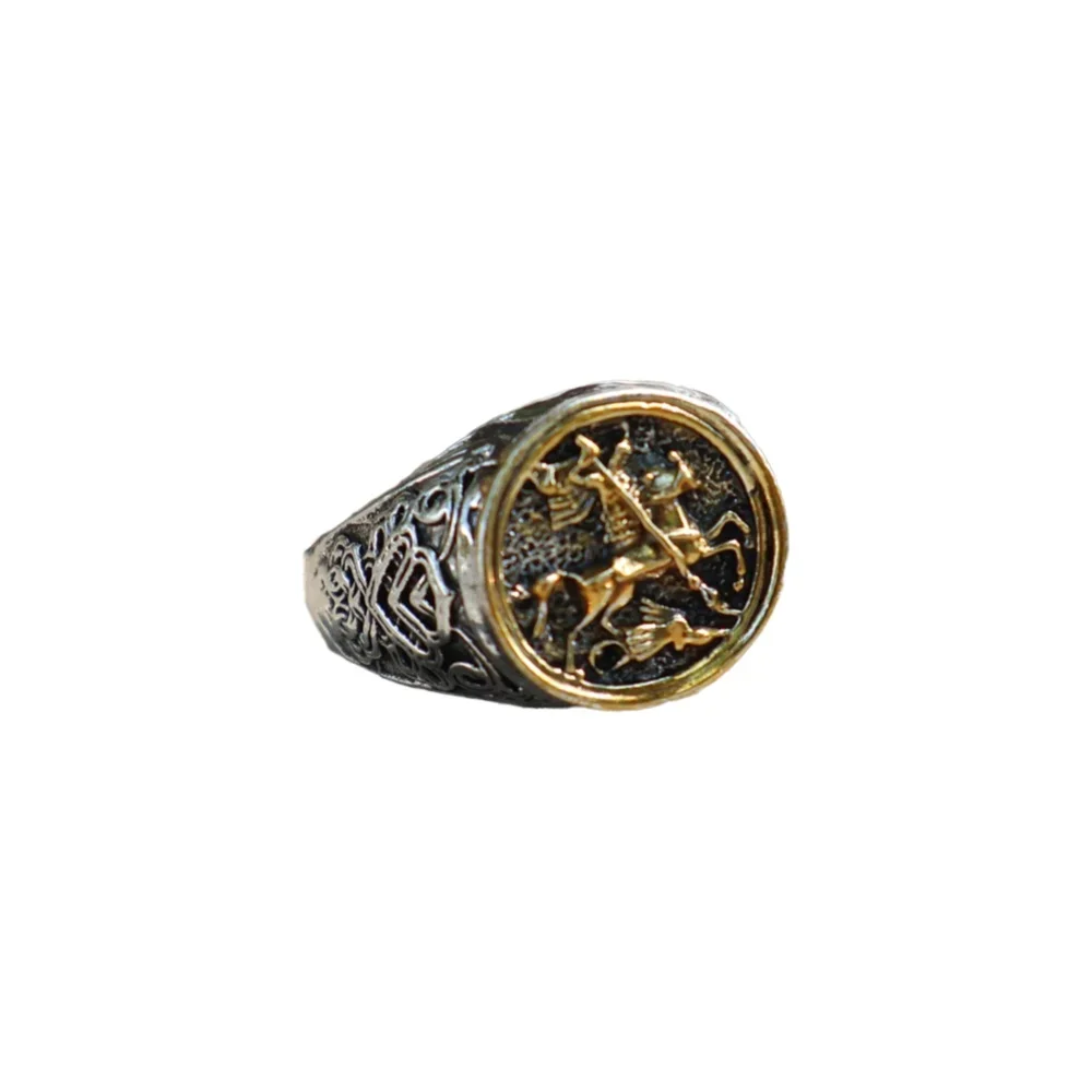 

Portrait of Saint George Two tone Roman Soldier Dragon Ring