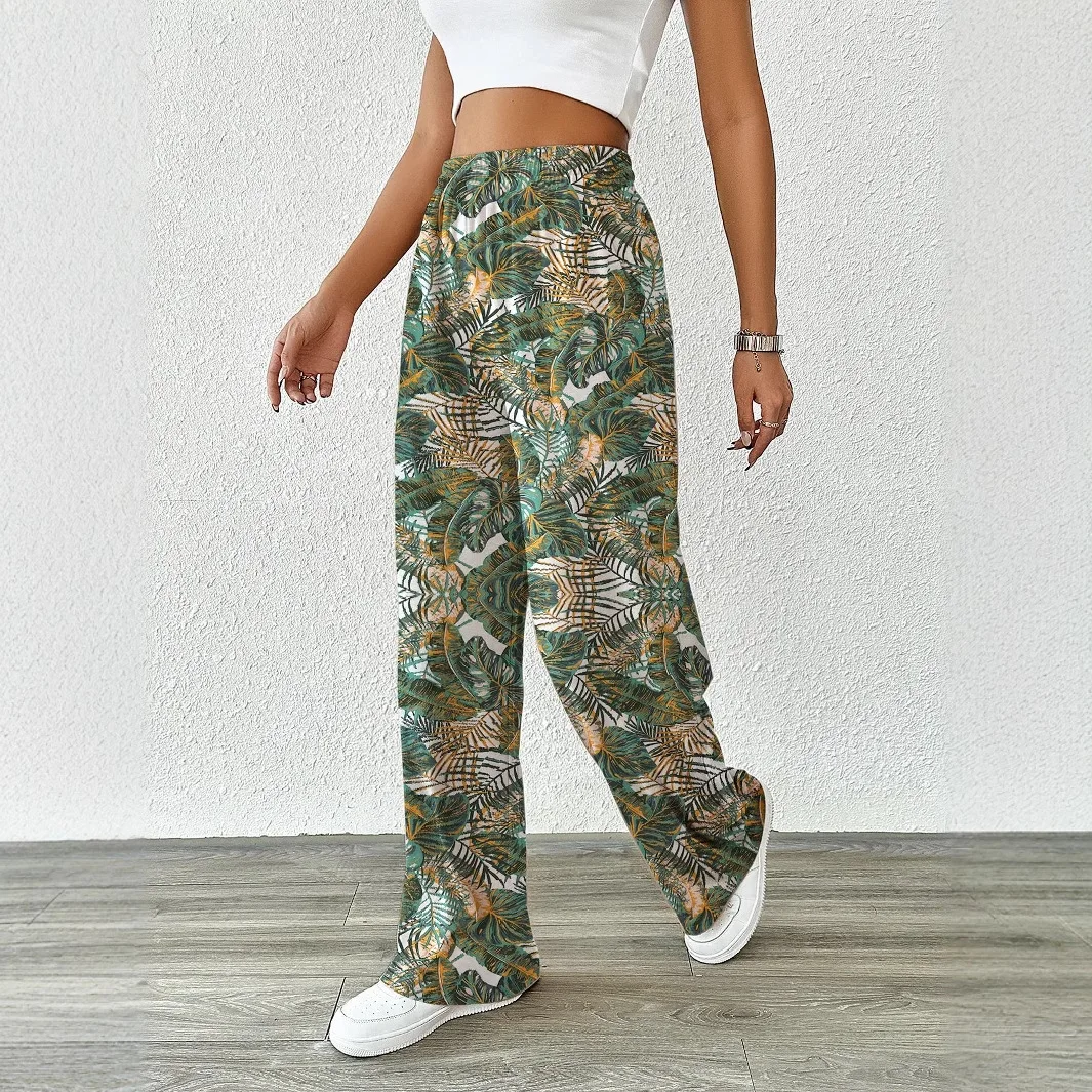 Faionable Lose Hose mit weitem Bein, lässige, gerade geschnittene Hose für Damen, bedruckt, All-Match-Frühlingssaison, elastisches Taillenband
