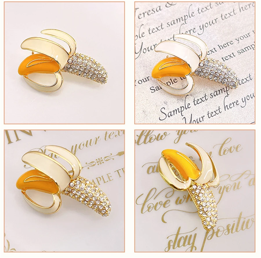 Yellow Enamel Banana Brooches For Women Crystal Luxury Design Shiny Rhinestone Fruits Casual Office Brooch Pins Jewelry Gifts