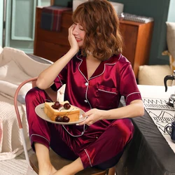 Ice Silk Loungewear Set For Women Short Sleeve Shirt With Long Pants Nightwear Soft 2 Piece Set Sleepwear Spring Summer Pajamas