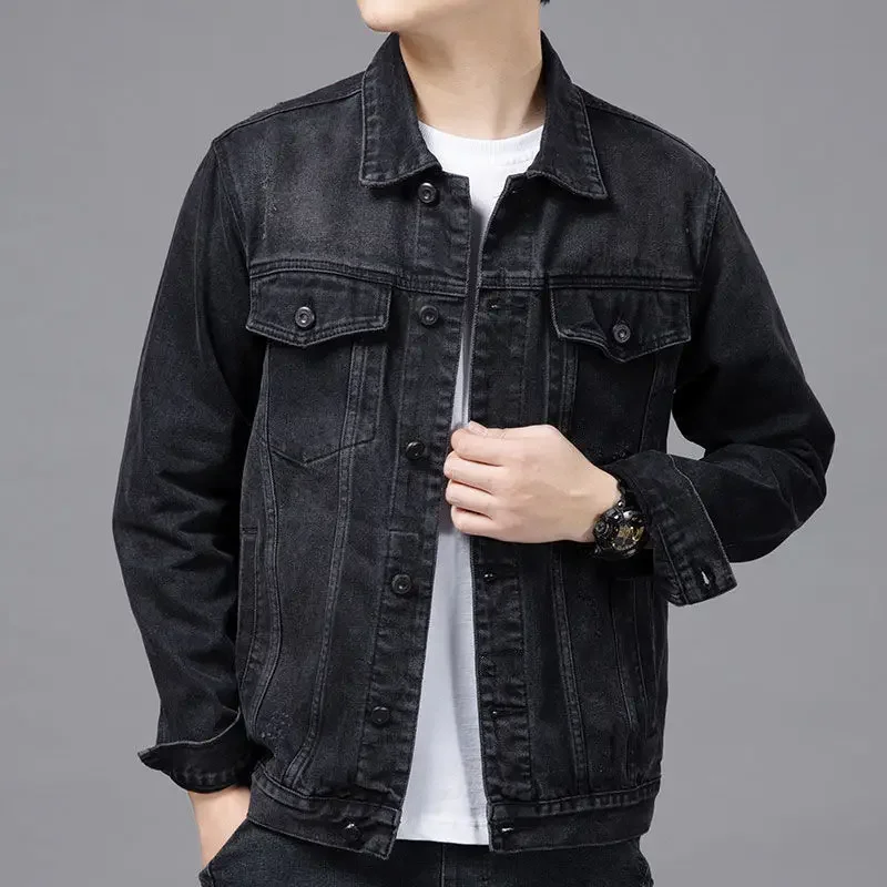 Men Black Denim Jacket Streetwear Spring Autumn Vintage Casual Long Sleeves Top Fashion Turndown Collar Loose Coat Jaqueta Jeans