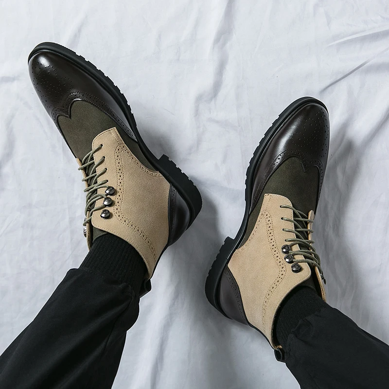 Fashion Men Short Boots Stitching Suede Leather Brogue Carving Classic Casual Ankle Boots Social Business Wedding Dress Shoes image 3