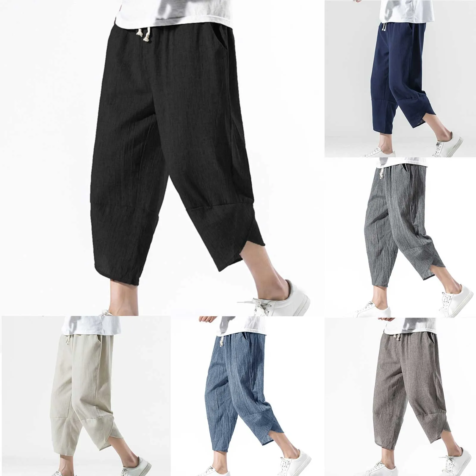 

Summer Men Chinese Style Cotton Linen Harem Pants Men Streetwear Breathable Beach Pants Male Casual Calf-Lenght Trousers