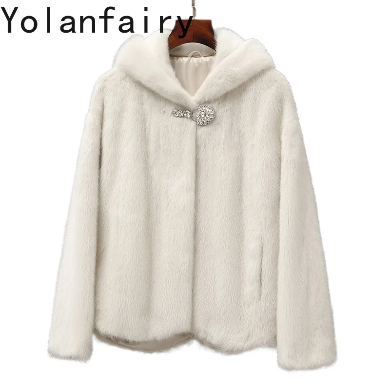 

YOLANFAIRY Natural Fur Coat with Hood Winter Whole Mink Fur Jacket Women Short White Real Fur Coats Woman Three Quarter Sleeves