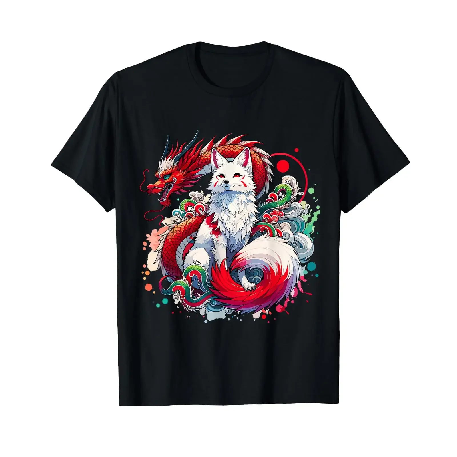 Dragon Kitsune Japanische Fuchs-T-Shirts mit neun Schwänzen, Vintage-Look, gewaschen, dehnbar, Streetwear-Grafik, leicht lässig, vielseitig, Unisex