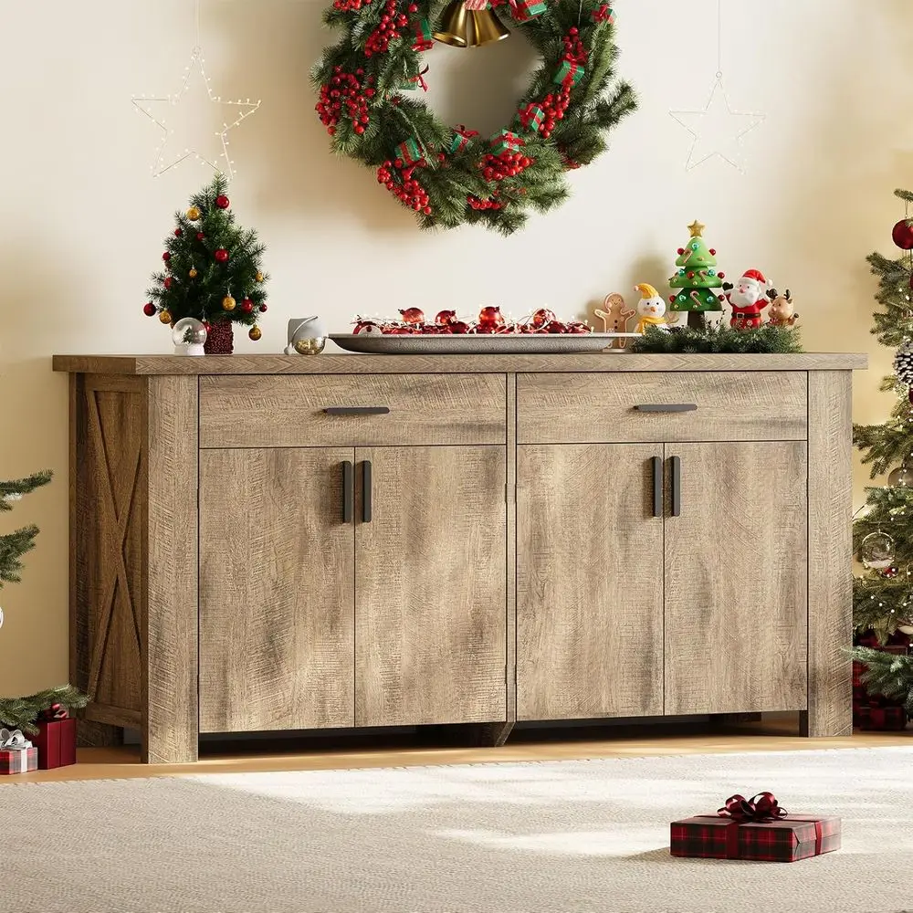 

61 Rustic Brown Sideboard with Adjustable Shelves, 2 Drawers & 4 Doors, Ideal for Living Room or Kitchen