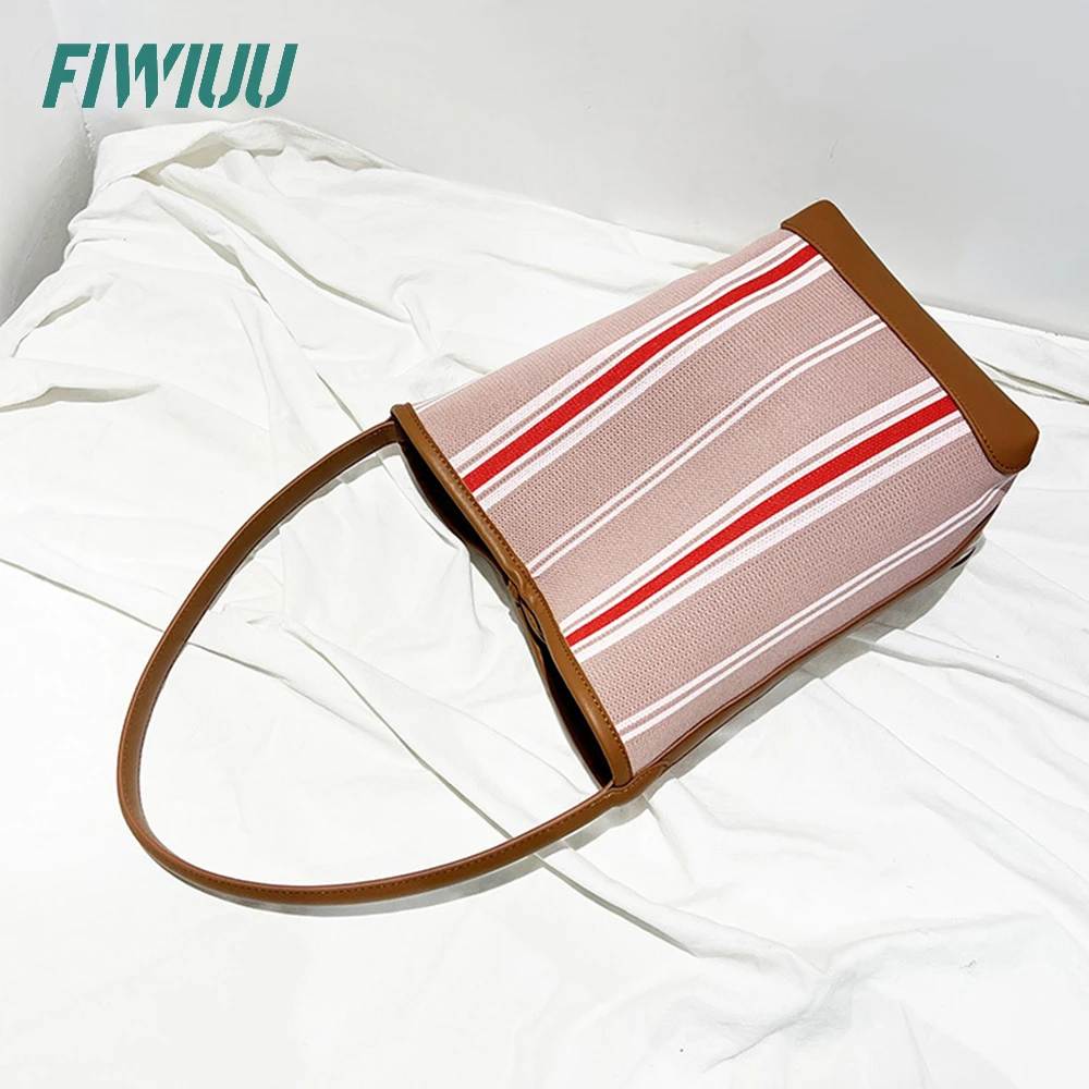 FIWIUU Mulheres Balde Ombro Saco De Emenda Canvas Bolsa Contrastante Stripe Bag Axilar Sacola Hobo Shopper