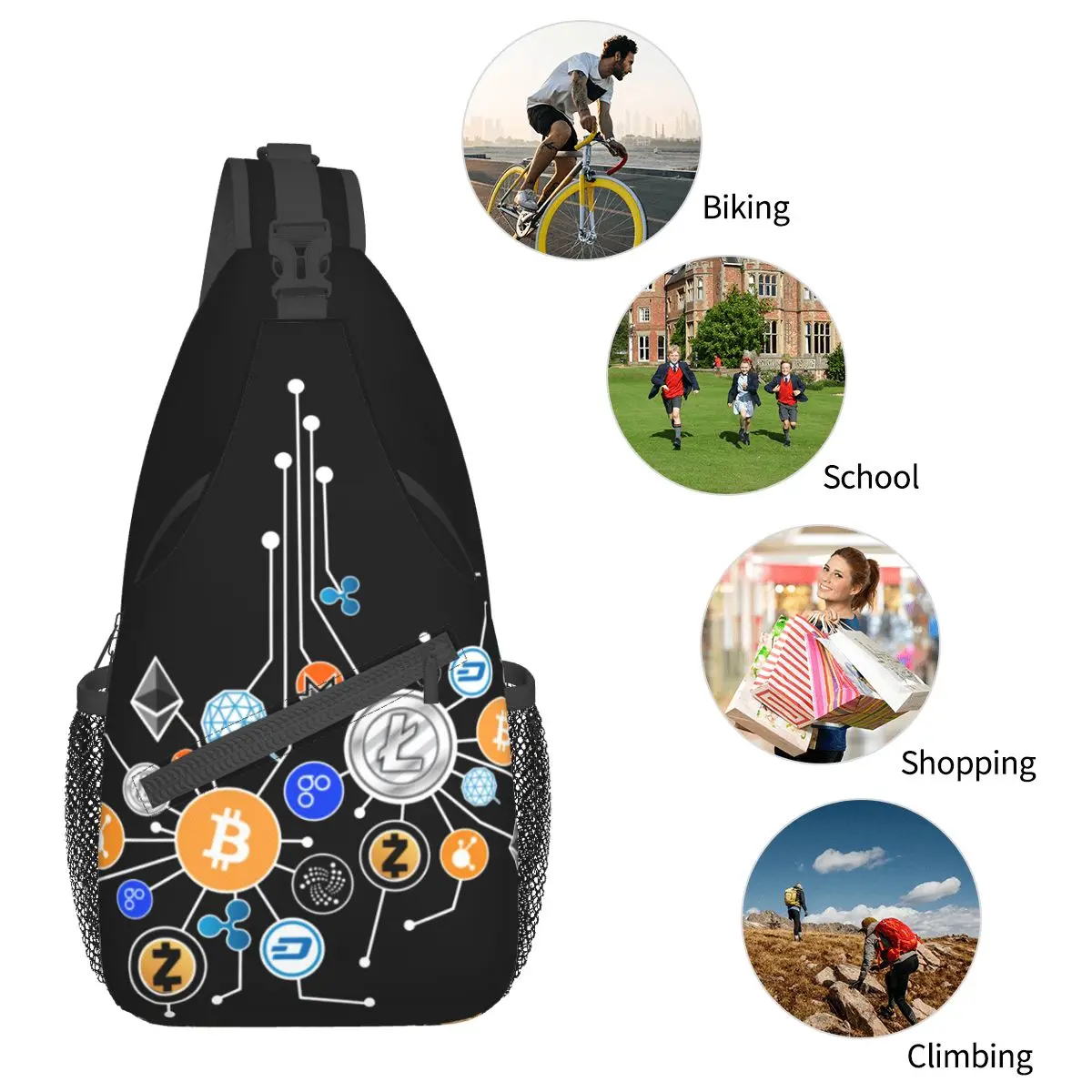 Cryptocurrency Bitcoin Sling Bags pecho Crossbody hombro Sling mochila senderismo viaje Daypacks Crypto Btc Blockchain School