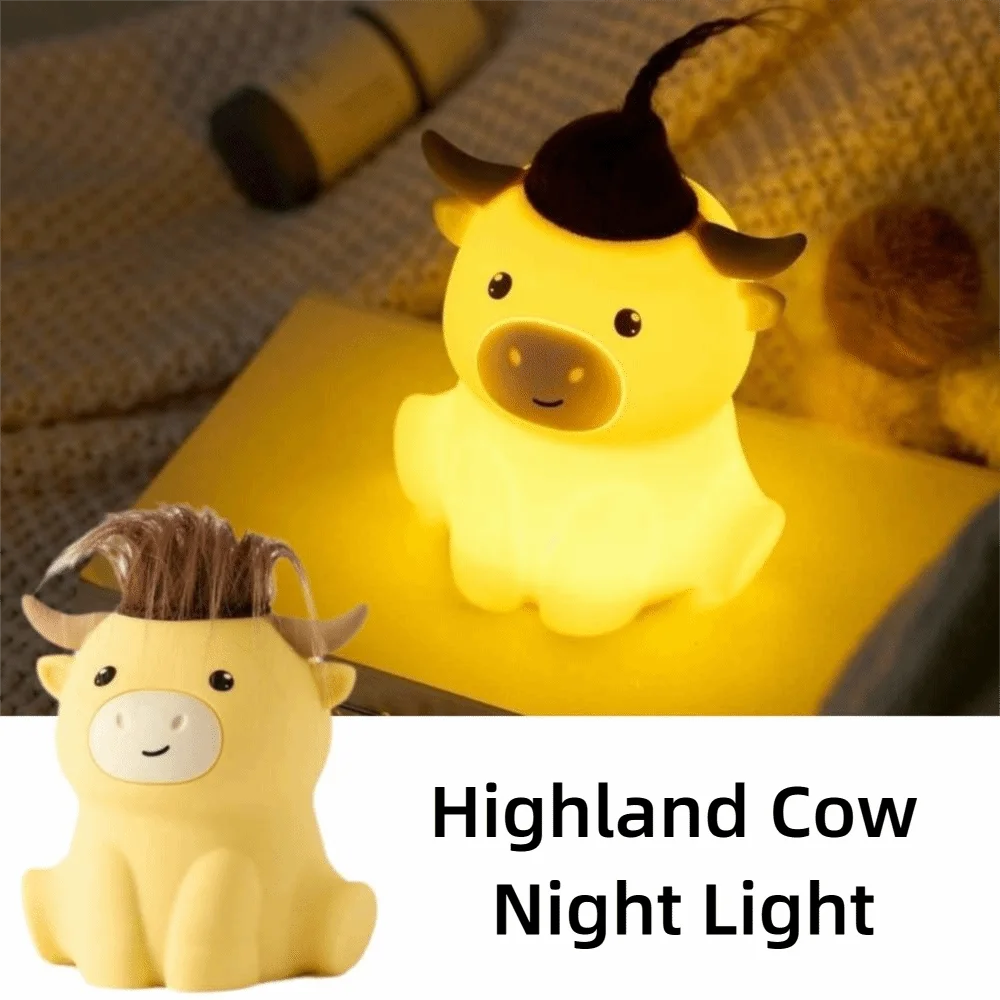 

Мультяшный ночник в виде высокогорной коровы, с регулировкой яркости, таймером, перезаряжаемый светодиодный светильник, мягкий и милый прикроватный ночник для кормления грудью