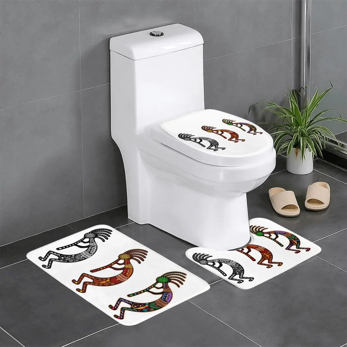 Custom Kokopelli The Flute Player Bathroom Rugs Set 3 Pieces Non Slip Aboriginal Tribal Pattern Toilet Bath Mat Sets