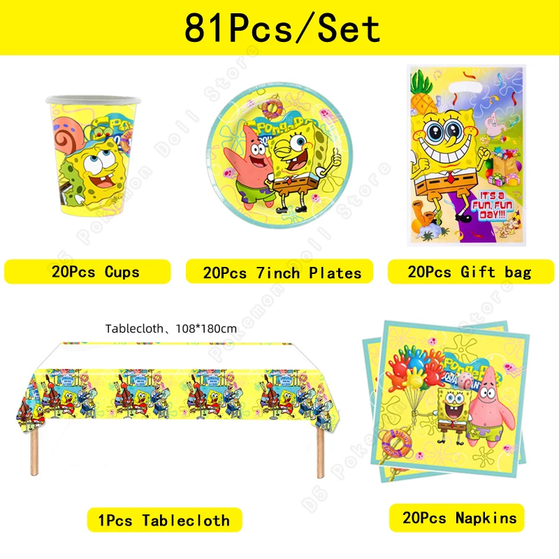 61/81 pçs bob esponja calças quadradas festa de aniversário decoração conjunto descartável utensílios de mesa toalha saco placa copo de papel suprimentos kit