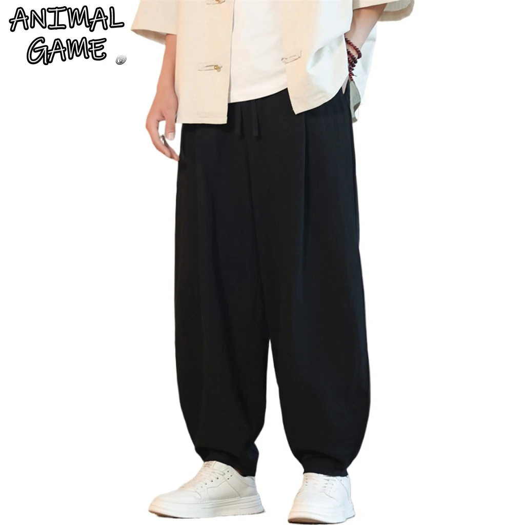 

New Korea Cotton Linen Harem Pants Solid Baggy Pants Loose Large Jogger Sweatpants Breathable Casual Trousers Men's Work Pants