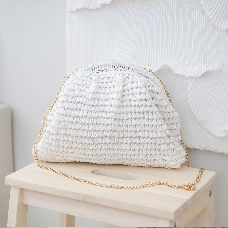 Women New Straw Weaving Dumpling Bag 2024 Summer Elegant Fashion Ladies Large Crochet Clutch Clip Handmade Crochet Evening Bag