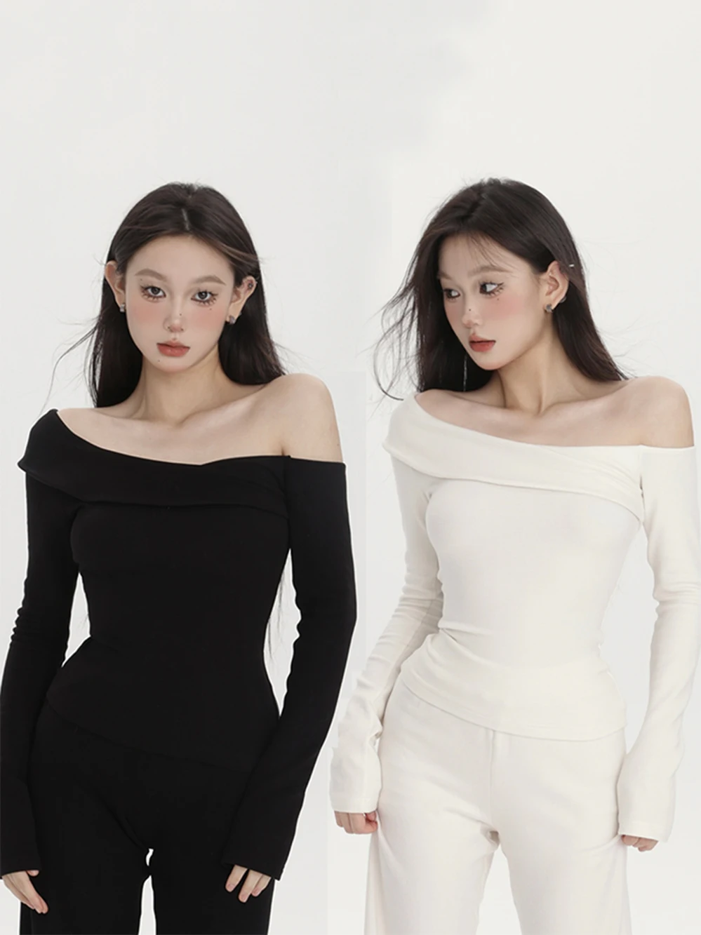 

PEMPL Long Sve One oulder T-irt Women's Spring New Milk Texture Skin-friendly Pure Color Bare oulder Top Trendy