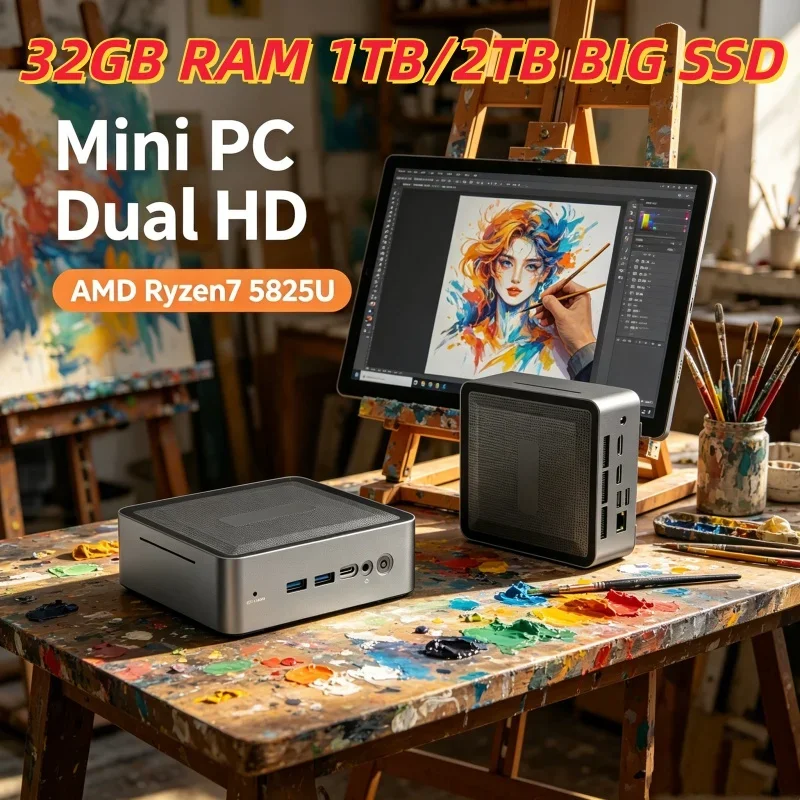 

Undisguised U58 Ryzen7 5825U Mini PC 2×DDR4 3200MHz, M.2 SSD+HDD Pro WiFi6 BT5.2 Bureau Works Subtle Gaming Waifish Desktop PC