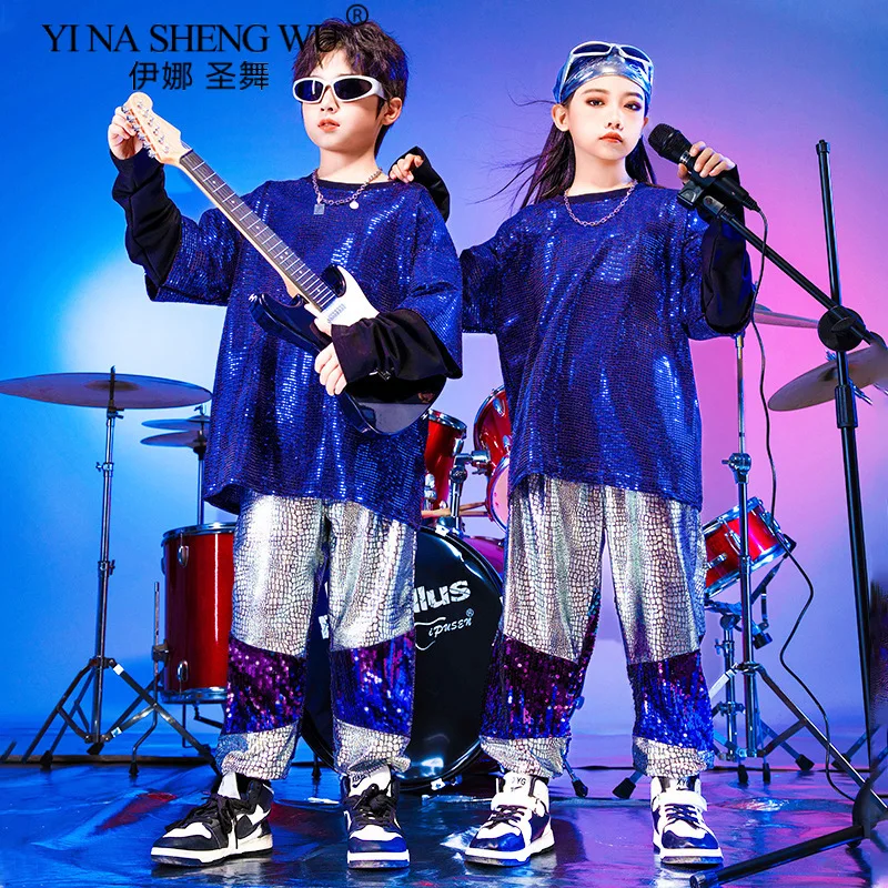 Childrens Hip Hop Dance Outfits Boys Girls Street Performance Costume Cool Stage Wear Sparkle Sequin New Year Party Clothing