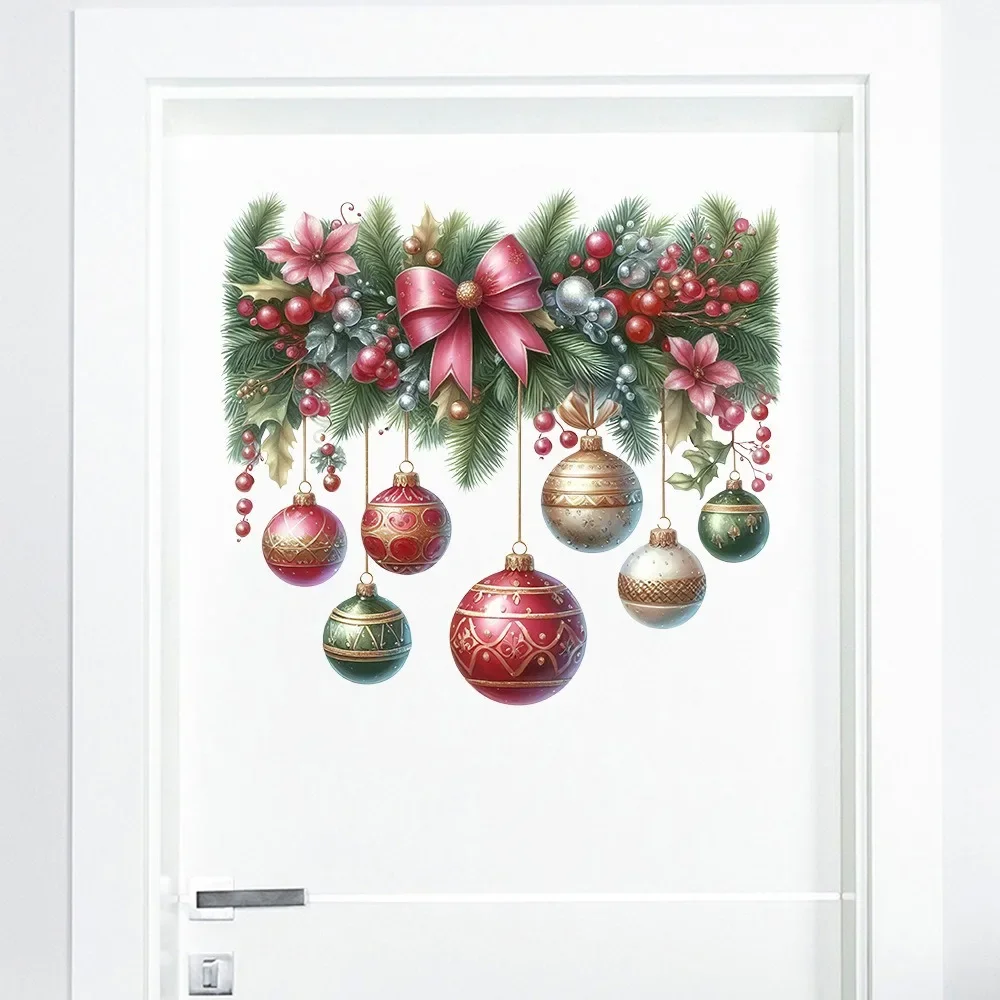 Christmas Decoration Wreath Door Sticker Xmas Ball Pendants Self-adhesive Sticker Merry Christmas Wall Decor Happy New Year 2025