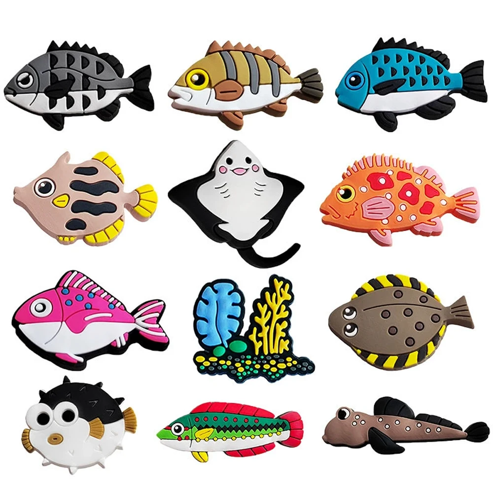 12PCS Cartoon Fish Series Shoe Charm Wholesale PVC Decor Detachable Waterproof For Sandals Sneaker Clog Unisex Gift Lover Drop