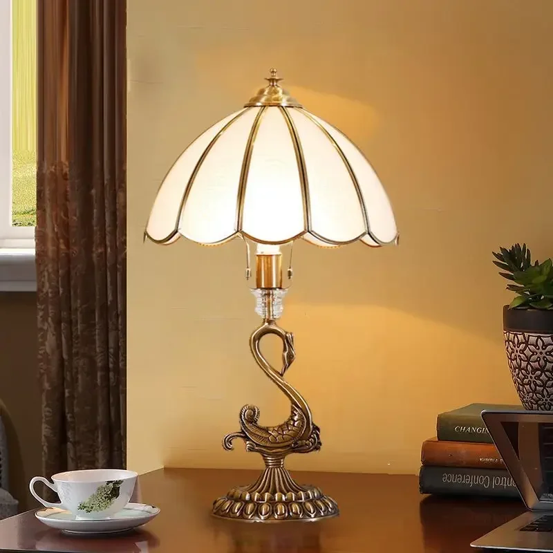 ELARA Modern Swan Copper Table Lamps LED Creative Retro Brass Glass Desk Light for Home Living Room Bedroom Study Decor