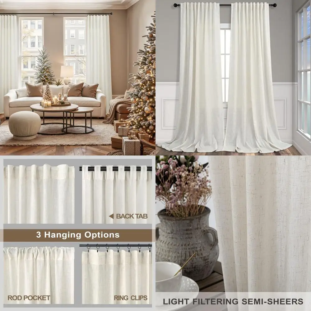 

Natural Linen Semi-Sheer 72 Wide x 84 Long Curtains with Pole Pockets, Ivory Cream for Living Room and Bedroom