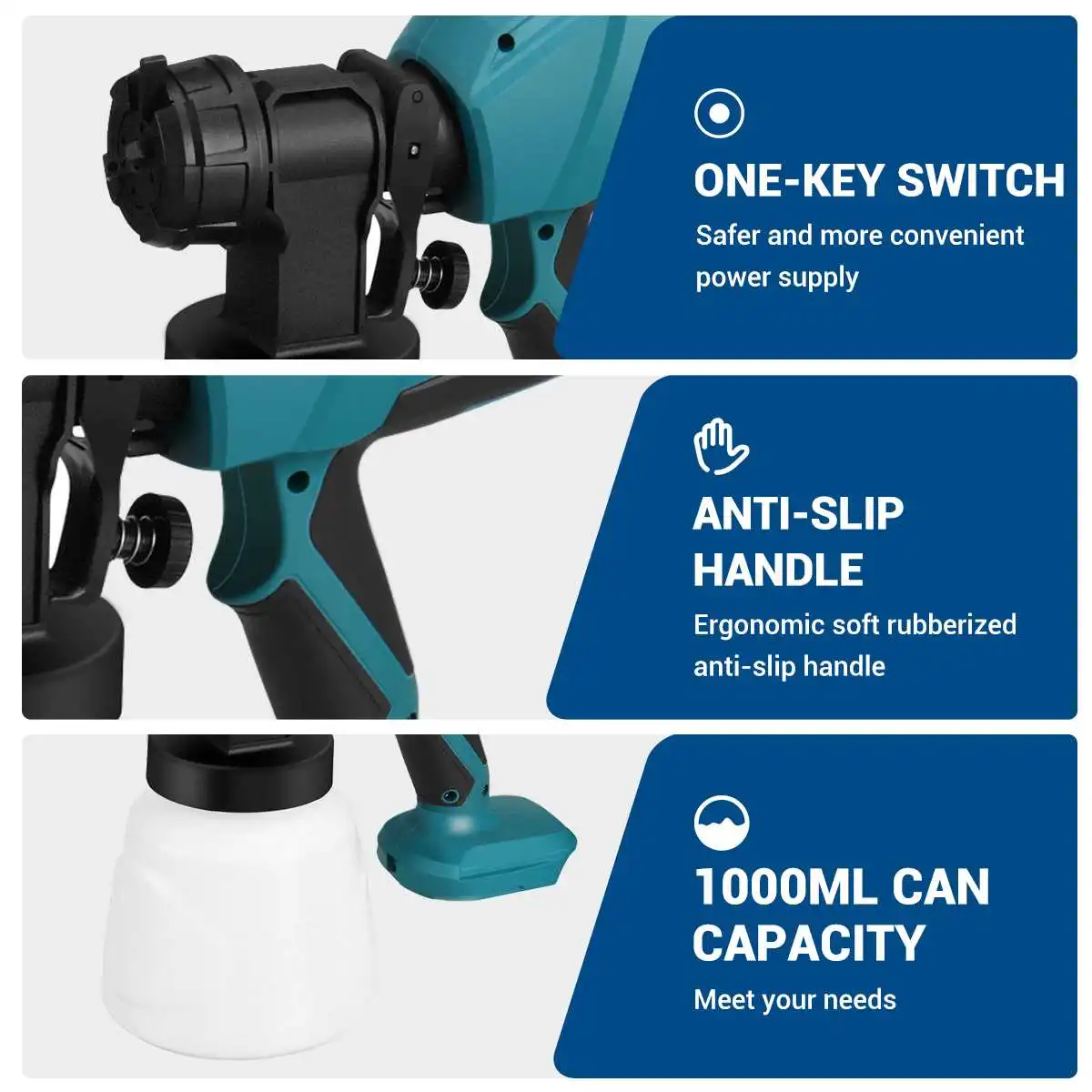 Drillpro Cordless Pistola de Pintura Elétrica, 1000cc/min, Pulverizador De Pintura, Auto Móveis, Revestimento De Aço, Aerógrafo para Bateria Makita18v
