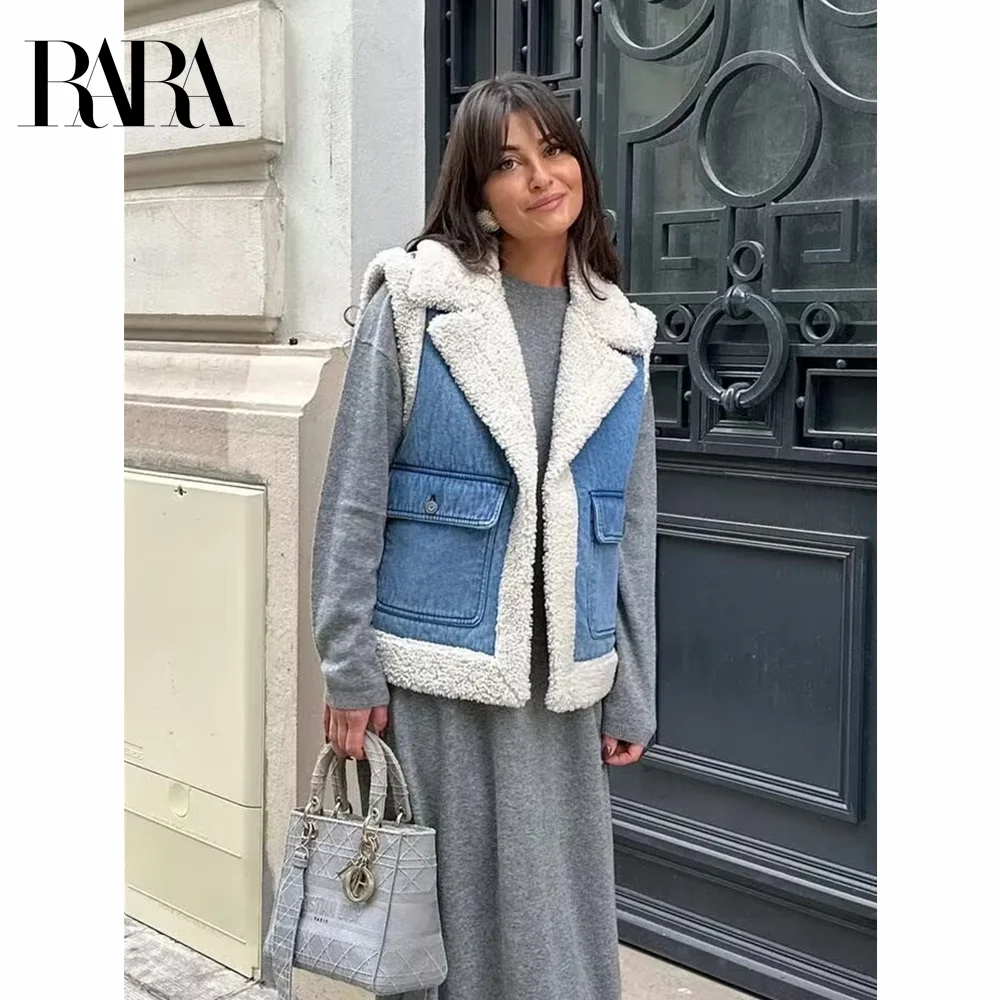 2024 RARA dames winter nieuwe street style lamswol verdikte denim dubbelzijdig vest vest modieus en veelzijdig