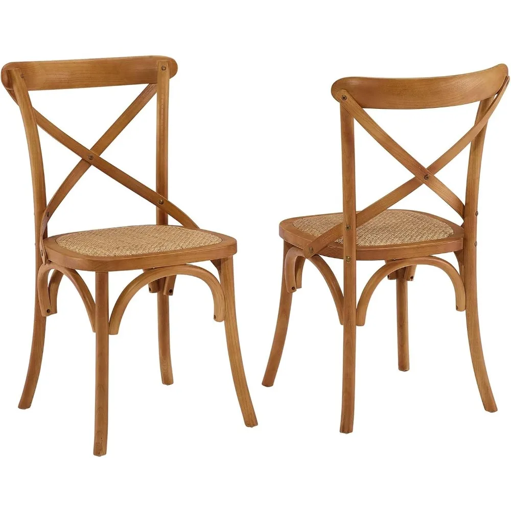 Gear Rustic Modern Farmhouse Elm Wood Rattan Two Dining Chairs in Walnut