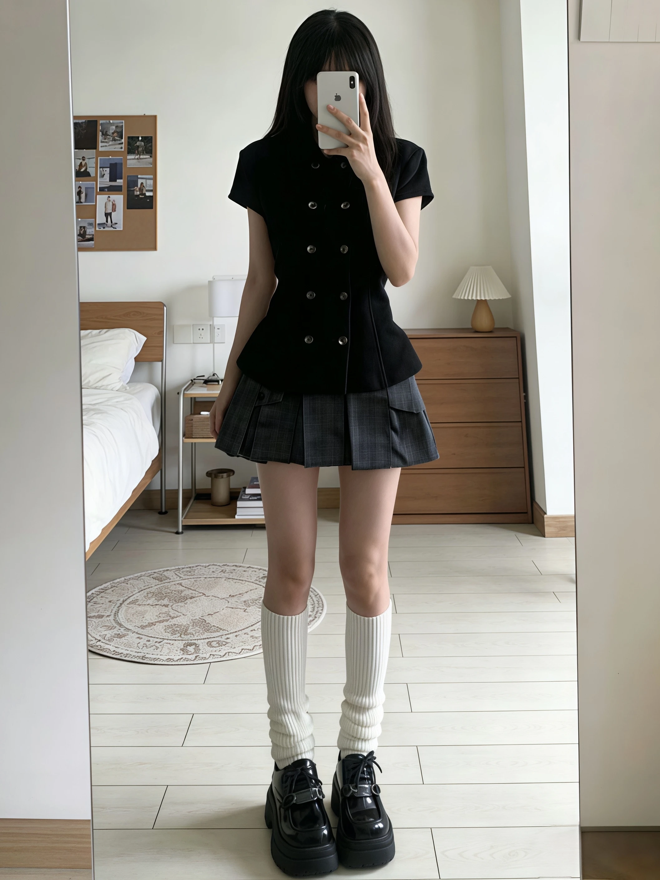 Korean Fashion Women Suit Black Fitted Short Sleeve Shirt Grey Check Pocket Pleated Skirt Casual Office Preppy Two-piece Outfit