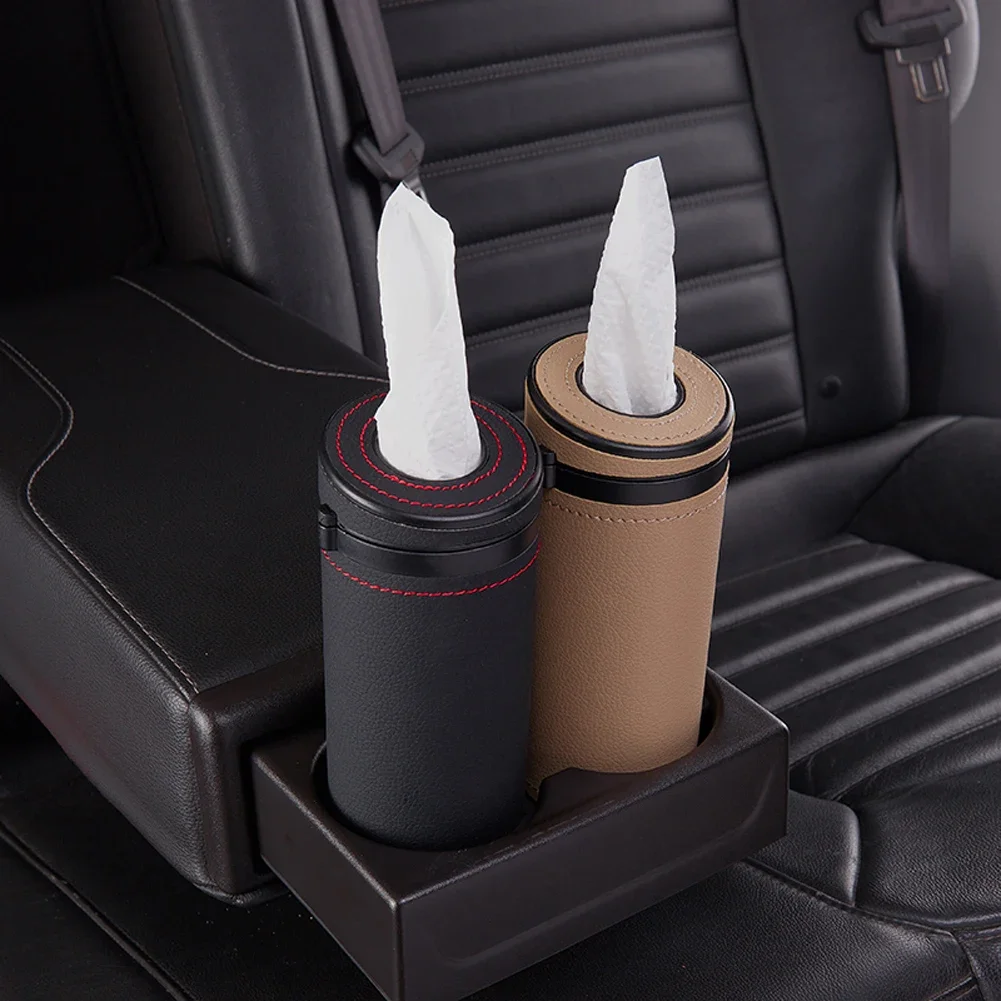 Car Multifunctional Tissue Holder Leather Tissue Storage Box Round Paper Tube Safety Broken Window Tissue Cup with Safety Hammer