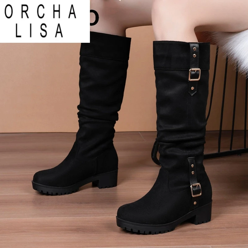 

ORCHA LISA Женские сапоги до колена с круглым носком на массивном каблуке 5 см, плиссированные пряжки из флока, большой размер 41 42 43 Повседневные повседневные женские ботинки