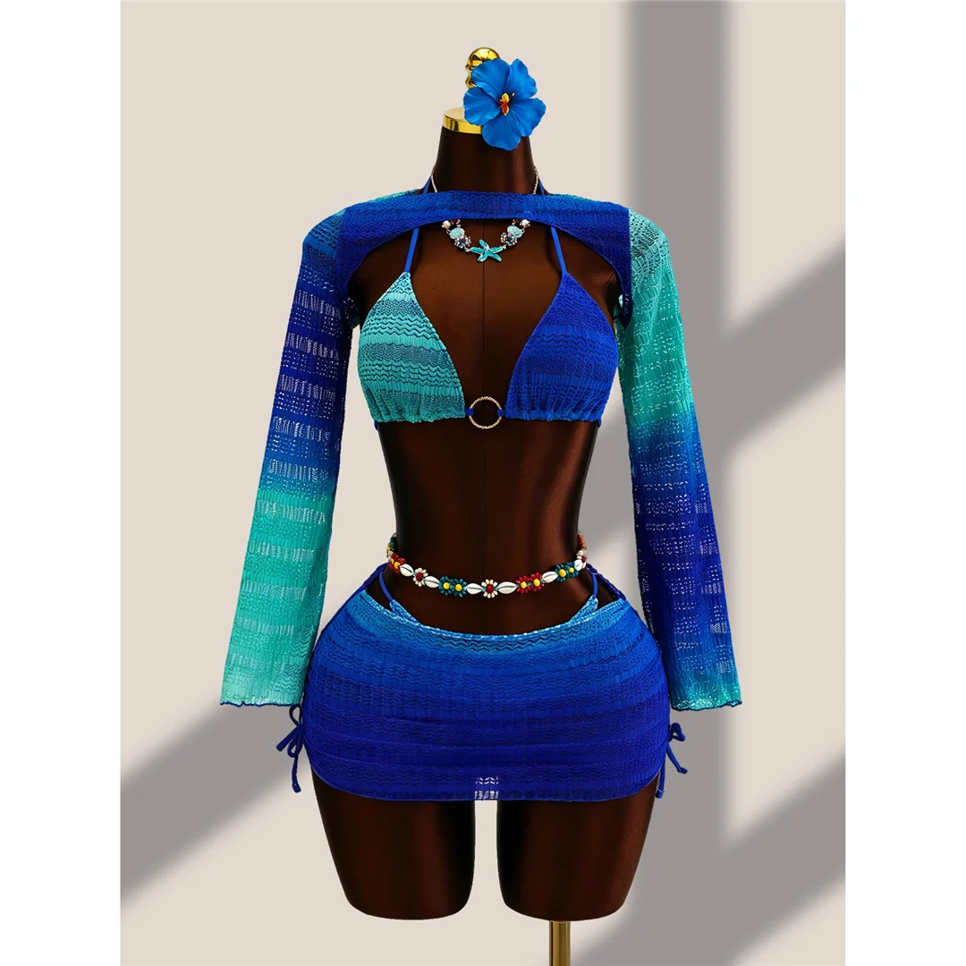 4-teiliges Bikini-Set mit Überwurfrock, Farbverlauf, Damen-Badebekleidung, Badeanzug, Badebekleidung, Badeanzug, Schwimmbekleidung V8303 – Detail 15